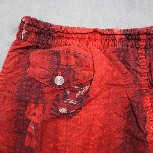 Swim Shorts Womens Red Elastic Waist Drawstring Button Pocket Graphic Print - Picture 5 of 14